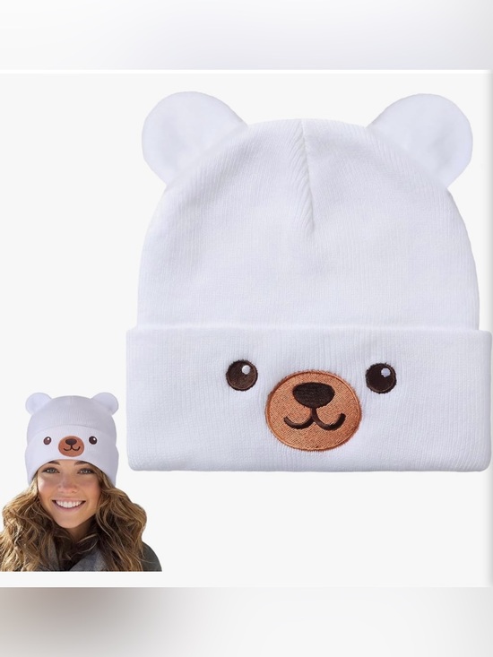 Accessories - Woman's White Bear Knit Beanie with Ear Accents